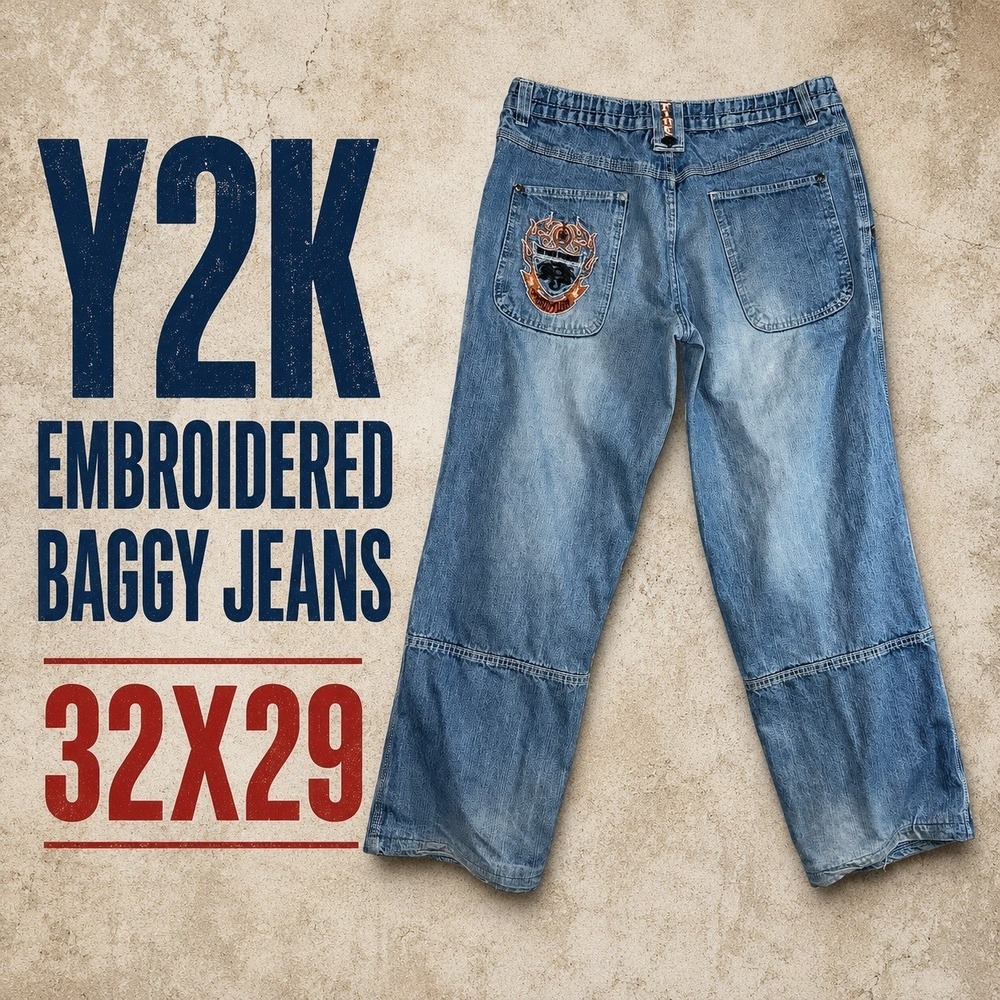 Y2K Dragons Lair Jeans Mens 32x29 Embroidered‎ Skater Grunge Baggy Dog Nose